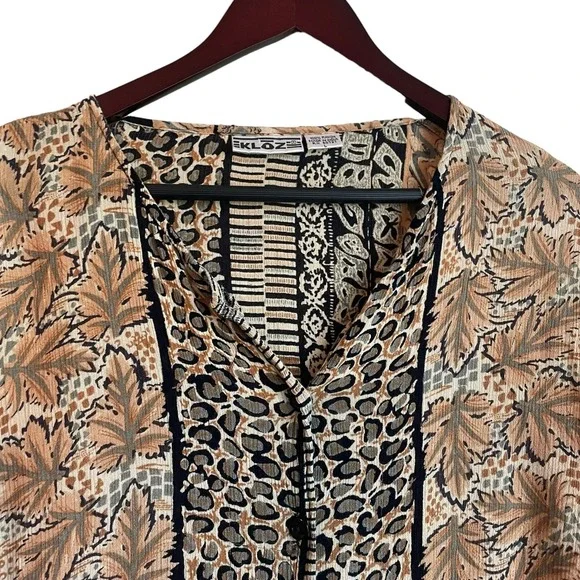Vintage Kloz Animal Print Tribal Stripe Tunic Blouse Earth Tone Boho Artwear Top - Picture 4 of 9